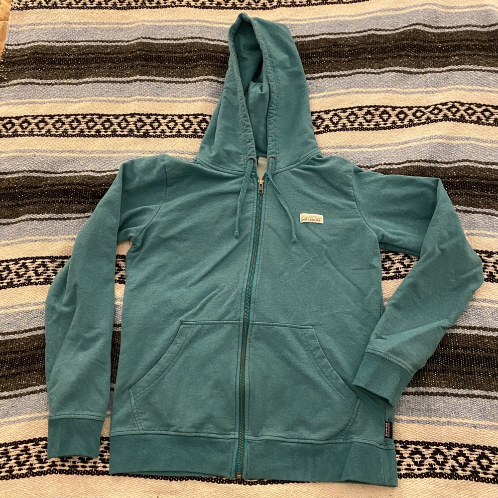Patagonia Zip Hoodie Organic Cotton Washed Blue/Green VINTAGE